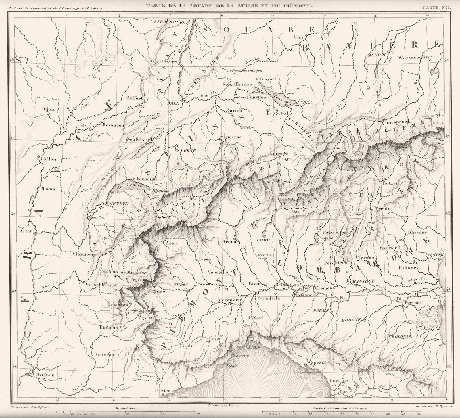 ALPES ALPES.Schwaben(Souabe)Suisse Piemonte Piedmont Piémont Italy 1859 map